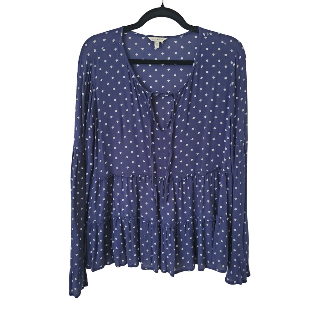 Lucky Brand Womens Navy Blue Polka Dot Tiered Babydoll Blouse Top Medium Peplum - Picture 9 of 9